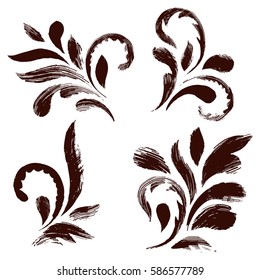 Hand drawn floral elements. Vintage flowers made with a stencil and brush. Vector set. 