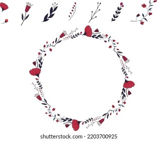 Hand drawn floral elements wreath isolated on white background. For cards, invitations, save the date cards