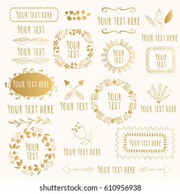 Hand drawn floral elements, wreaths, frames.