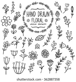 Hand drawn floral elements for your design. Flowers, herbs and leaves in doodle style isolated on white background. Vector illustration