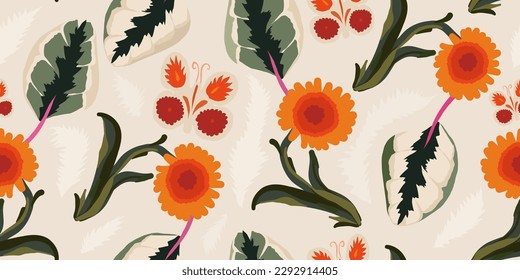 Hand drawn floral ethnic style pattern with butterflies. Dynamic abstract fashionable template for design.