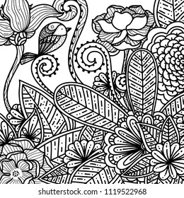 Hand drawn floral and flowers doodle. Beautiful abstract flower for anti stress adults coloring book.  Artistically drawn, mandalas, zentangle, henna, paisley and mehndi style. Vector illustration