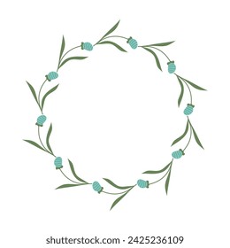 Hand drawn floral frame with blue flowers. Spring minimalist Wreath with copy space. Flat summer decoration elements for invitation cards posters.