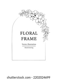 Hand drawn floral frame.  Botanical  borders and divider with branch vector illustration on white isolated background.  Elegant line wedding herb, elegant leaves for invitation save  the date card.