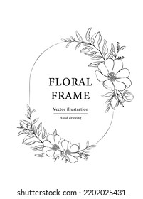 Marco floral dibujado a mano.  Bordes botánicos y divisor con ilustración vectorial de rama sobre fondo aislado blanco.  Elegante hierba de bodas de línea, elegantes hojas para invitación salven la tarjeta de fecha.