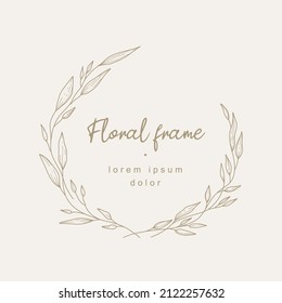 Hand drawn floral frame with a branch with leaves. Elegant leaf logo template. Vector illustration for labels, 
branding business identity, wedding invitation