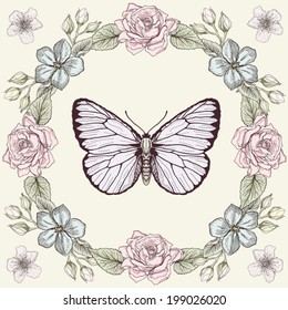 Hand drawn floral frame and butterfly. Colorful illustration. Vintage engraving style