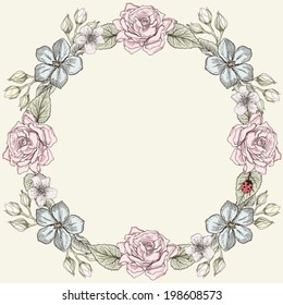 Hand drawn floral frame card. Colorful illustration. Vintage engraving style