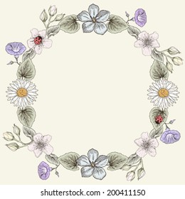 Hand drawn floral frame card. Colorful illustration. Vintage engraving style