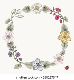 Hand drawn floral frame card. Colorful illustration. Vintage engraving style
