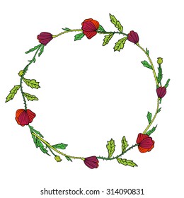 Hand drawn floral frame, a circle made from poppy flowers and leaves. Could be used as an invitation, greeting card or label template.