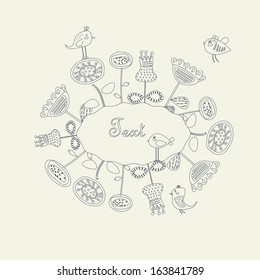 Hand drawn floral frame with cute birds in cartoon style.