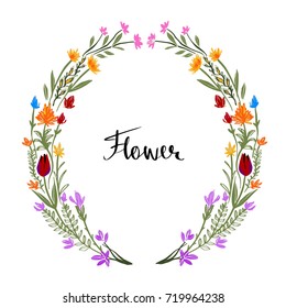 hand drawn Floral frame. Cute retro flowers arranged a shape of the wreath. Perfect for wedding invitations.