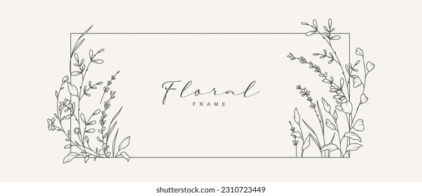 Hand drawn floral frame with delicate meadow flowers, herbs, branches, plants. Elegant vector illustration in line art style