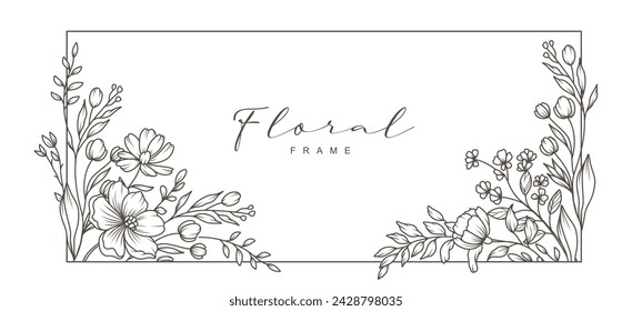 Hand drawn floral frame with delicate blooming flowers, garden and meadow plants. Elegant vector illustration in line art style