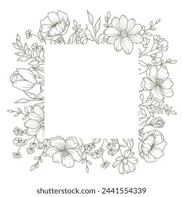 Hand drawn floral frame with delicate blooming flowers, garden and meadow plants. Elegant vector illustration in line art style