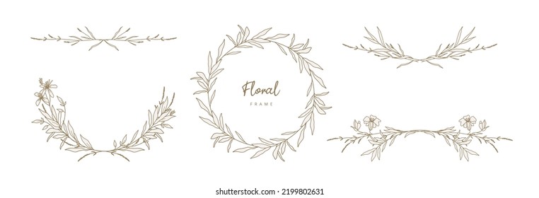 Hand drawn floral frame and dividers with flowers and leaves.Elegant logo template.Vector illustration vintage decorative elements for label,branding business identity,wedding invitation,greeting card