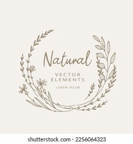 Handgezeichneter Blumenrahmen. Eleganter Vintage-Kranz. Bouquet mit Sommerblumen im Frühling. Vektorgrafik für Etiketten, Firmenidentität, Hochzeitseinladung