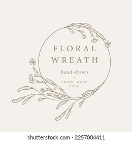 Hand drawn floral frame. Elegant vintage wreath. Bouquet of spring summer flowers. Vector illustration for labels, corporate identity, wedding invitation