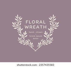 Hand drawn floral frame. Elegant laurel wreaths. Vector illustration, botanical decor elements for logo, label, corporate identity, branding, wedding invitation, greeting card, save the date