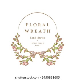Hand drawn floral frame. Elegant vintage flowers wreath. Vector botanical decor element for label, corporate identity, branding, wedding invitation, greeting card, save the date
