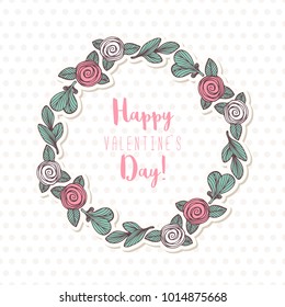 Hand drawn floral frame with flowers and leaves. Greeting card template with polka dot pattern background. Vector illustration