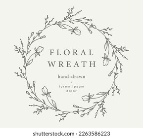 Marco floral dibujado a mano con flores, rama y hojas. Wreath. Elegante plantilla de logotipo. Ilustración vectorial para etiquetas, identidad comercial de marca, invitación a boda