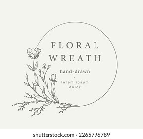 Hand drawn floral frame with flowers, branch and leaves. Wreath. Elegant logo template. Vector illustration for labels, branding business identity, wedding invitation