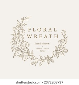 Hand drawn floral frame with flowers,  branch and leaves. Wreath. Elegant logo template. Vector illustration for labels, branding business identity, wedding invitation