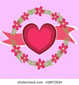 Hand drawn floral frame with heart in the middle with ribbon