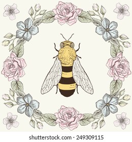 Hand drawn floral frame and honey bee. Ornate colorful illustration. Vintage engraving style