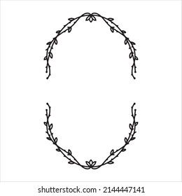 Hand drawn floral frame isolated on white background, vector. Oval frames of leaves. Doodle style.