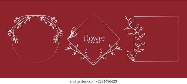 Hand drawn floral frame in line style. Set simple minimal wreath with floral branches and leaves. Vector logo template for labels, corporate identity, wedding invitations, greeting cards