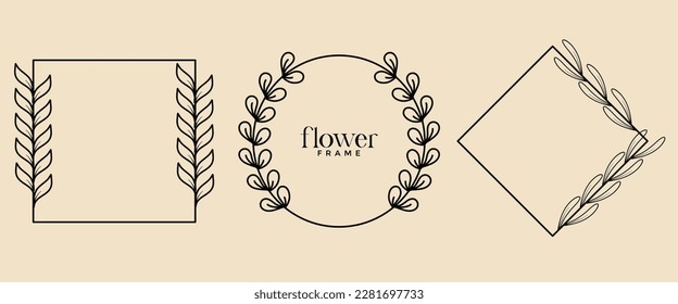 Hand drawn floral frame in line style. Set simple minimal wreath with floral branches and leaves. Vector logo template for labels, corporate identity, wedding invitations, greeting cards