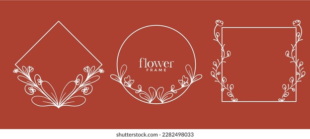 Hand drawn floral frame in line style. Set simple minimal wreath with floral branches and leaves. Vector logo template for labels, corporate identity, wedding invitations, greeting cards