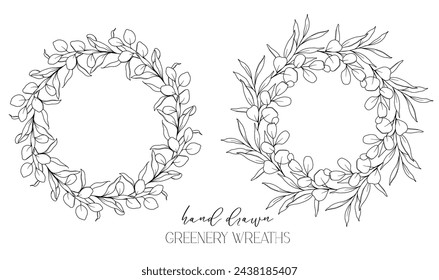 Hand drawn floral frame line art, Floral Wreath Greenery line drawing. Botanical greenery frames with leaves