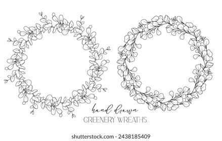 Hand drawn floral frame line art, Floral Wreath Greenery line drawing. Botanical greenery frames with leaves