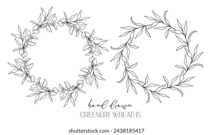 Hand drawn floral frame line art, Floral Wreath Greenery line drawing. Botanical greenery frames with leaves