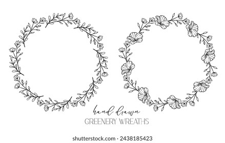 Hand drawn floral frame line art, Floral Wreath Greenery line drawing. Botanical greenery frames with leaves