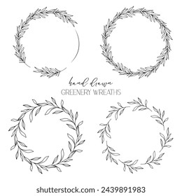 Hand drawn floral frame line art, Floral Wreath Greenery line drawing. Botanical greenery frames with leaves