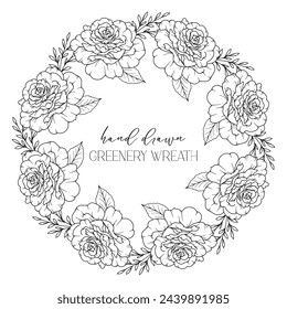 Hand drawn floral frame line art, Floral Wreath Greenery line drawing. Botanical greenery frames with leaves. Flower Wreath