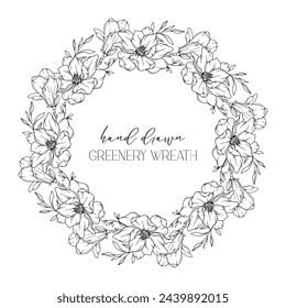 Hand drawn floral frame line art, Floral Wreath Greenery line drawing. Botanical greenery frames with leaves. Flower Wreath