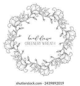 Hand drawn floral frame line art, Floral Wreath Greenery line drawing. Botanical greenery frames with leaves. Flower Wreath