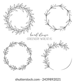 Hand drawn floral frame line art, Floral Wreath Greenery line drawing. Botanical greenery frames with leaves