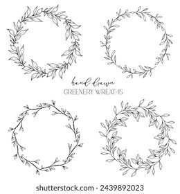 Hand drawn floral frame line art, Floral Wreath Greenery line drawing. Botanical greenery frames with leaves