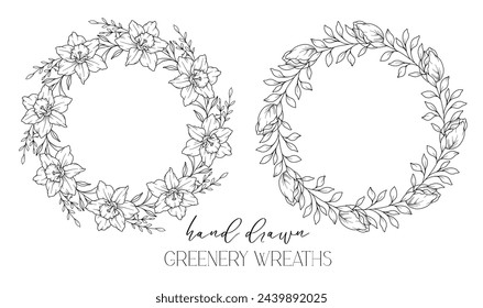 Hand drawn floral frame line art, Floral Wreath Greenery line drawing. Botanical greenery frames with leaves