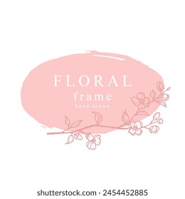 Hand drawn floral frame. Logo template with spring flowers in line style. Vector hand drawn decoration, branches with flowers on color background for label, wedding invitation, packaging