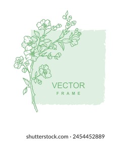 Marco floral dibujado a mano. Plantilla con logo y flores de primavera en estilo line. Vector dibujado a mano decoración, ramas con flores en el fondo de color para etiqueta, invitación de boda, embalaje