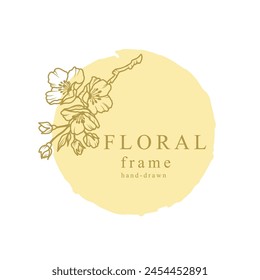 Handgezeichneter Blumenrahmen. Logo-Vorlage mit Frühlingsblumen im Linienstil. Vektorgrafik Handgezeichnete Dekoration, Äste mit Blumen auf farbigem Hintergrund für Etikett, Hochzeitseinladung, Verpackung