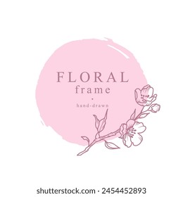 Hand drawn floral frame. Logo template with spring flowers in line style. Vector hand drawn decoration, branches with flowers on color background for label, wedding invitation, packaging